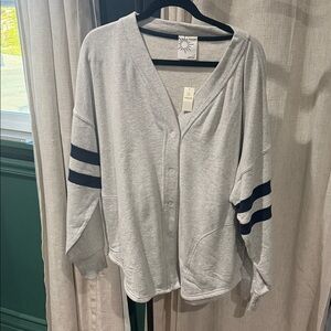 Casual Gray V-Neck Button-Up Sweatshirt with Stripes